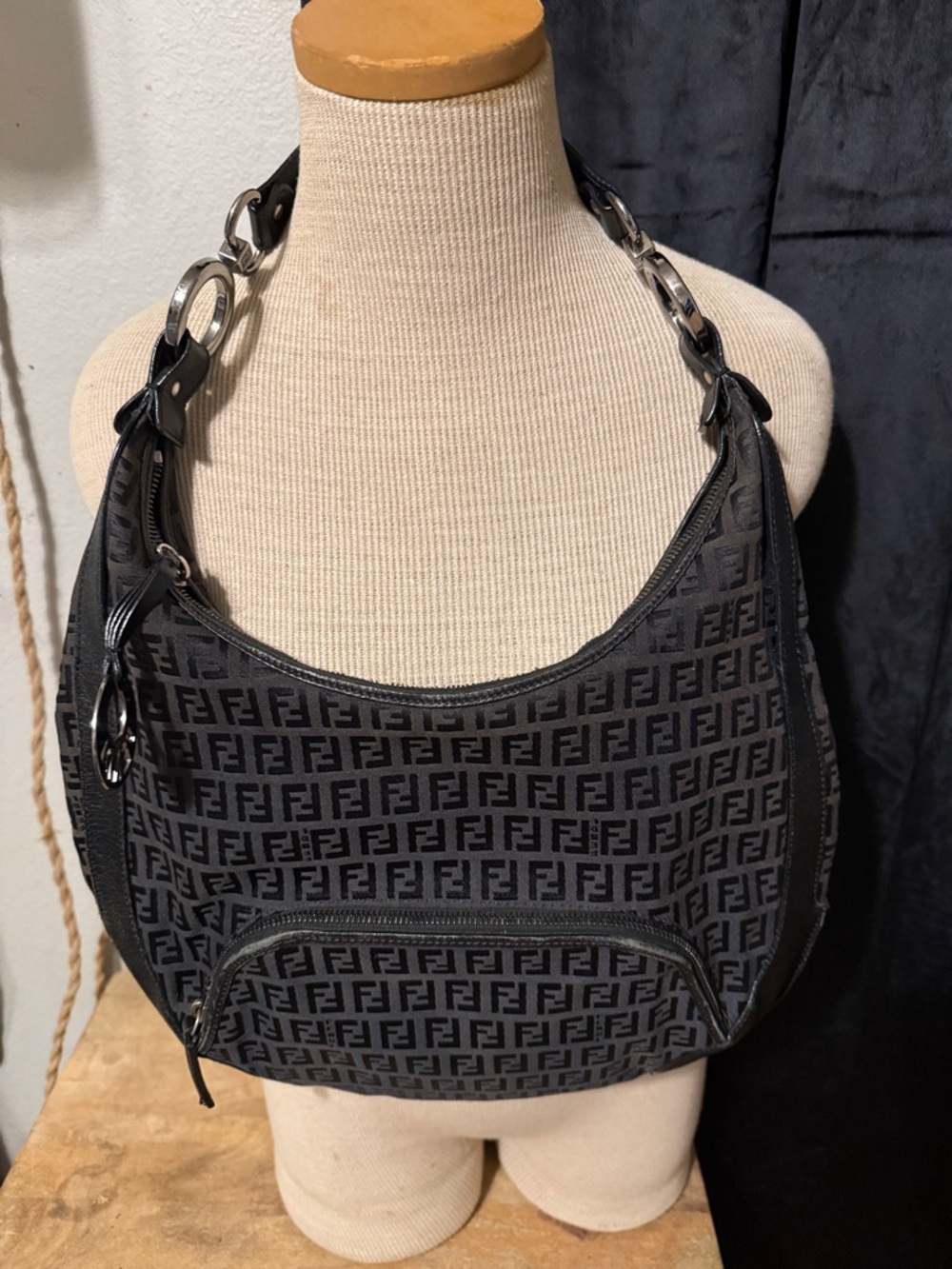 Fendi Black Zucca-Pattern Shoulder Hobo with Chain Detail
